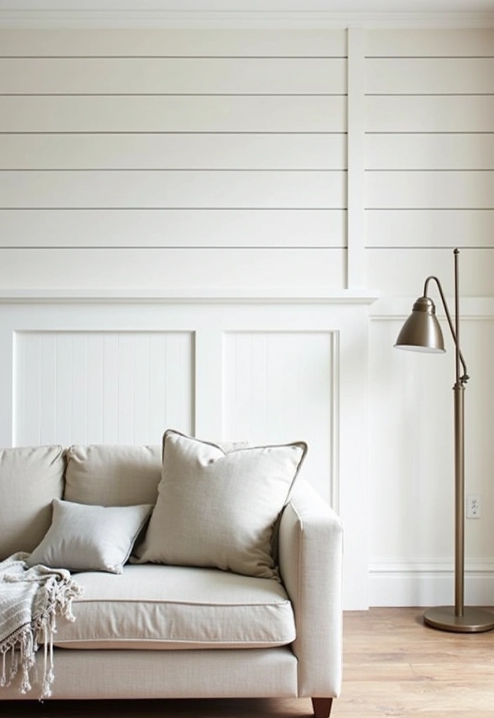 29 White Farmhouse Living Room Ideas That Feel Bright and Cozy - 20. Layered Wall Treatments