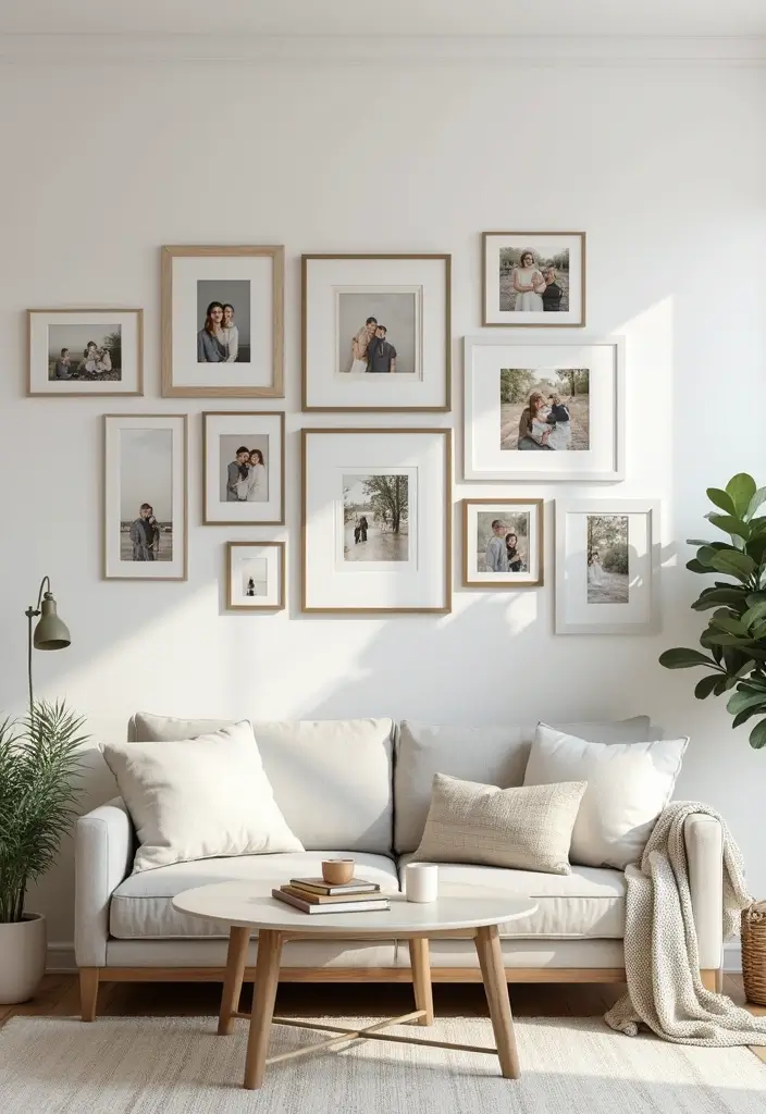 29 White Farmhouse Living Room Ideas That Feel Bright and Cozy - 22. Incorporate a Gallery Wall