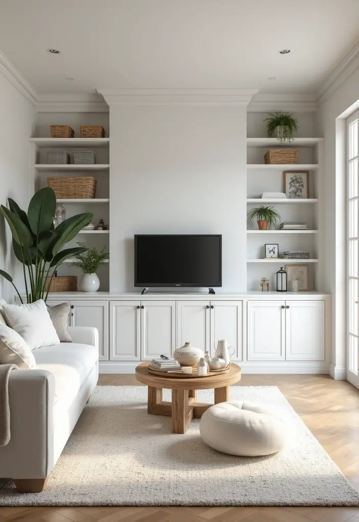 29 White Farmhouse Living Room Ideas That Feel Bright and Cozy - 23. Utilize Built-In Storage