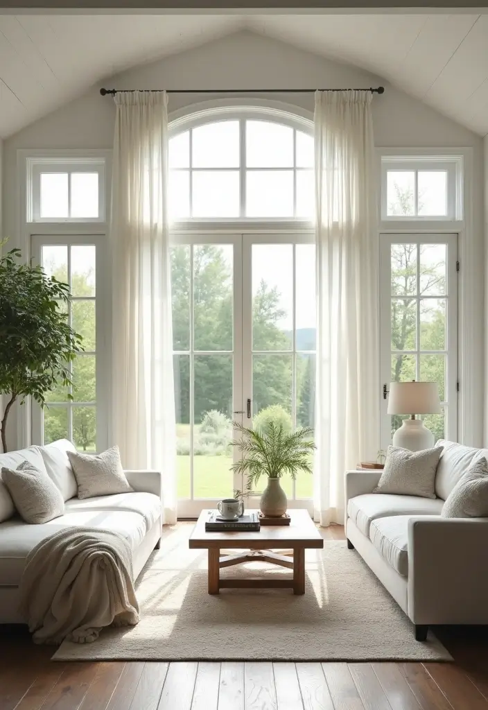 29 White Farmhouse Living Room Ideas That Feel Bright and Cozy - 24. Embrace Nature with Large Windows