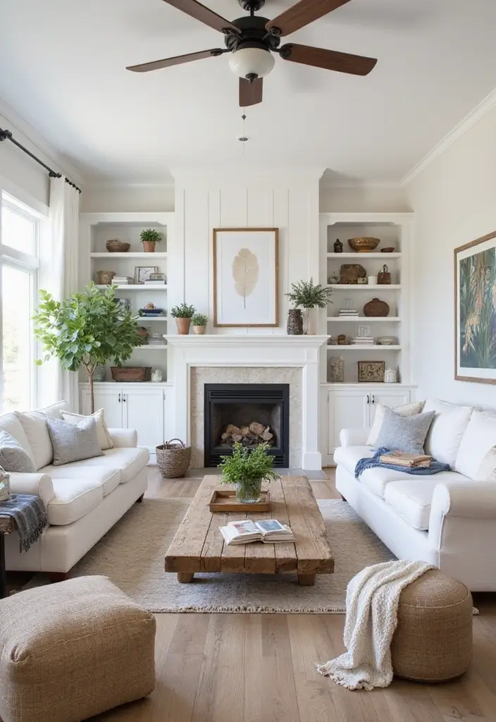 29 White Farmhouse Living Room Ideas That Feel Bright and Cozy - 26. Reclaimed Wood Accents