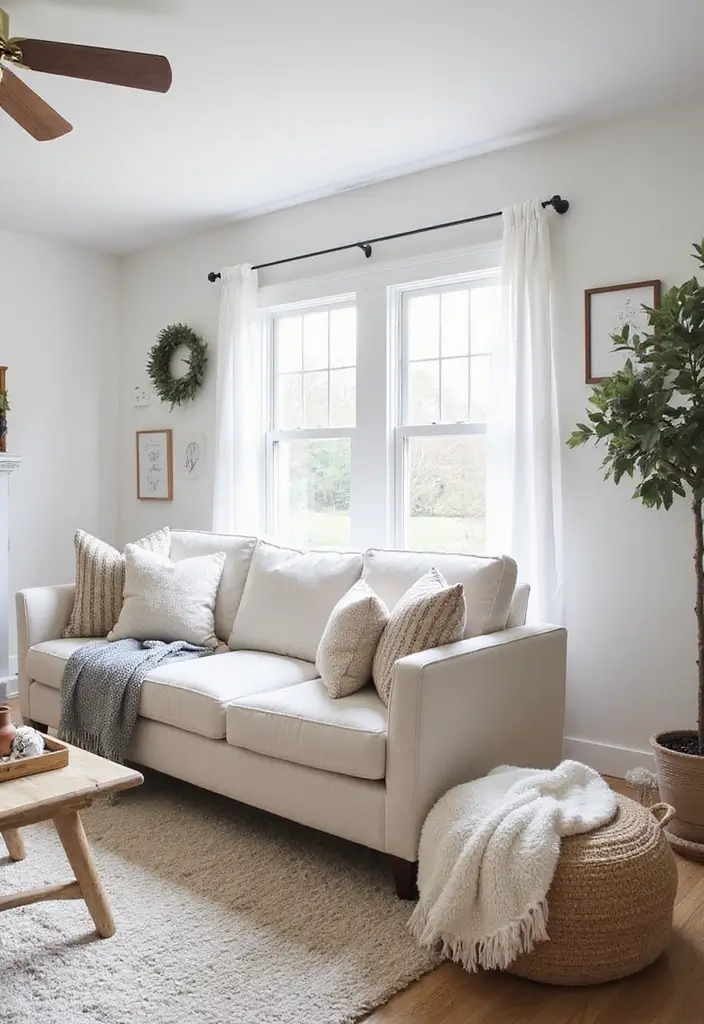 29 White Farmhouse Living Room Ideas That Feel Bright and Cozy - 29. Seasonal Decor Changes