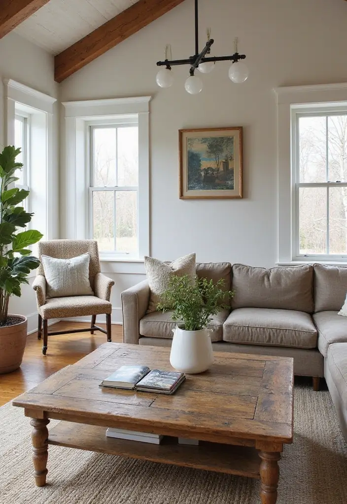 29 White Farmhouse Living Room Ideas That Feel Bright and Cozy - 3. Vintage Farmhouse Furniture