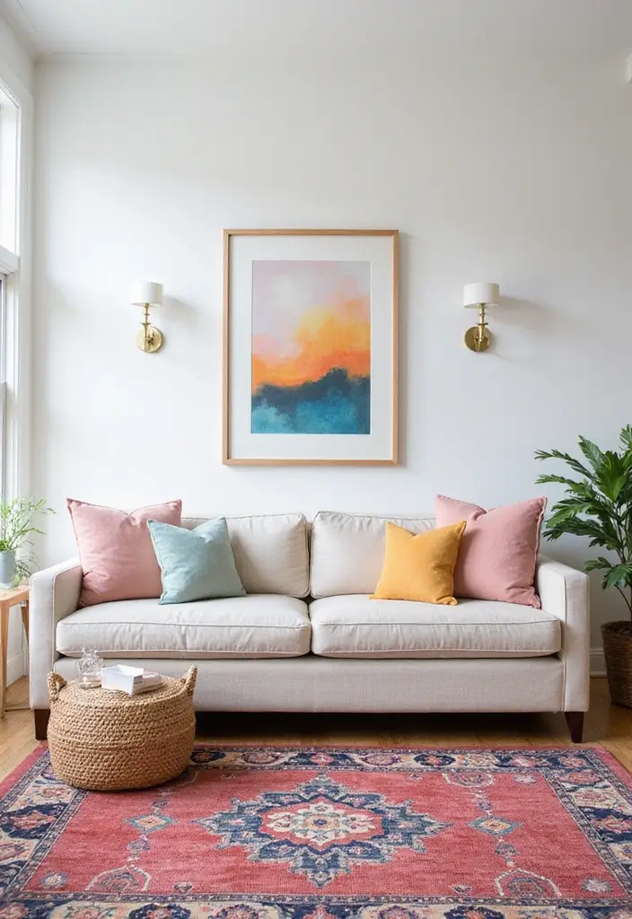 29 White Farmhouse Living Room Ideas That Feel Bright and Cozy - 4. Bright Accents to Liven Up the Space