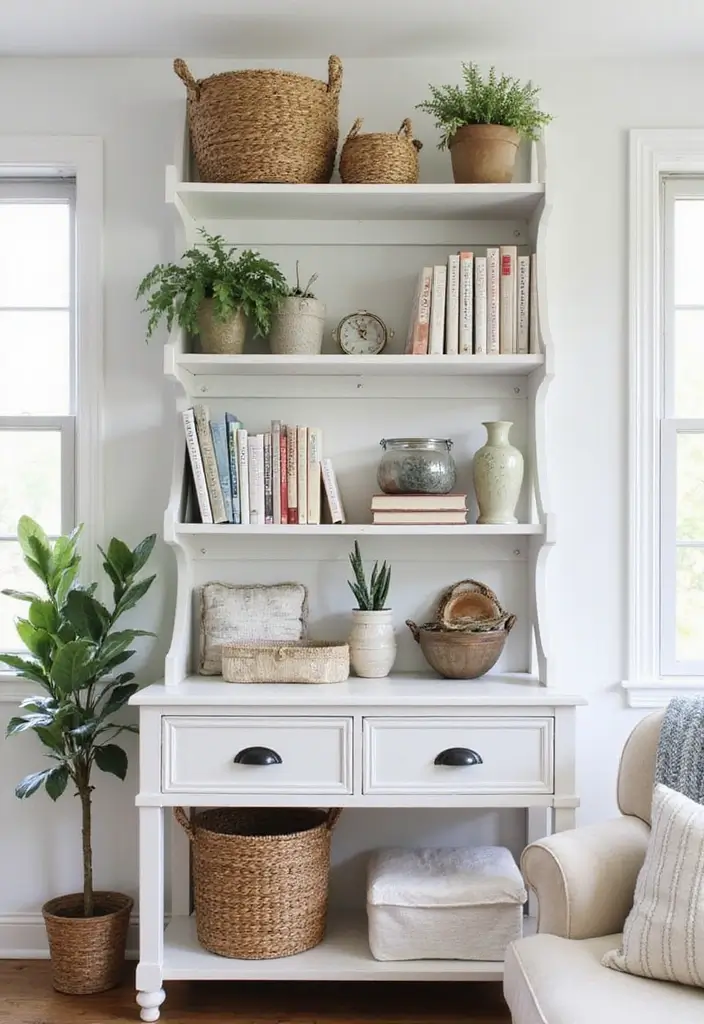 29 White Farmhouse Living Room Ideas That Feel Bright and Cozy - 6. Open Shelving for Displaying Decor