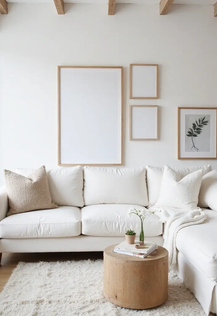 29 White Farmhouse Living Room Ideas That Feel Bright and Cozy - 8. Minimalist Artwork for a Clean Look