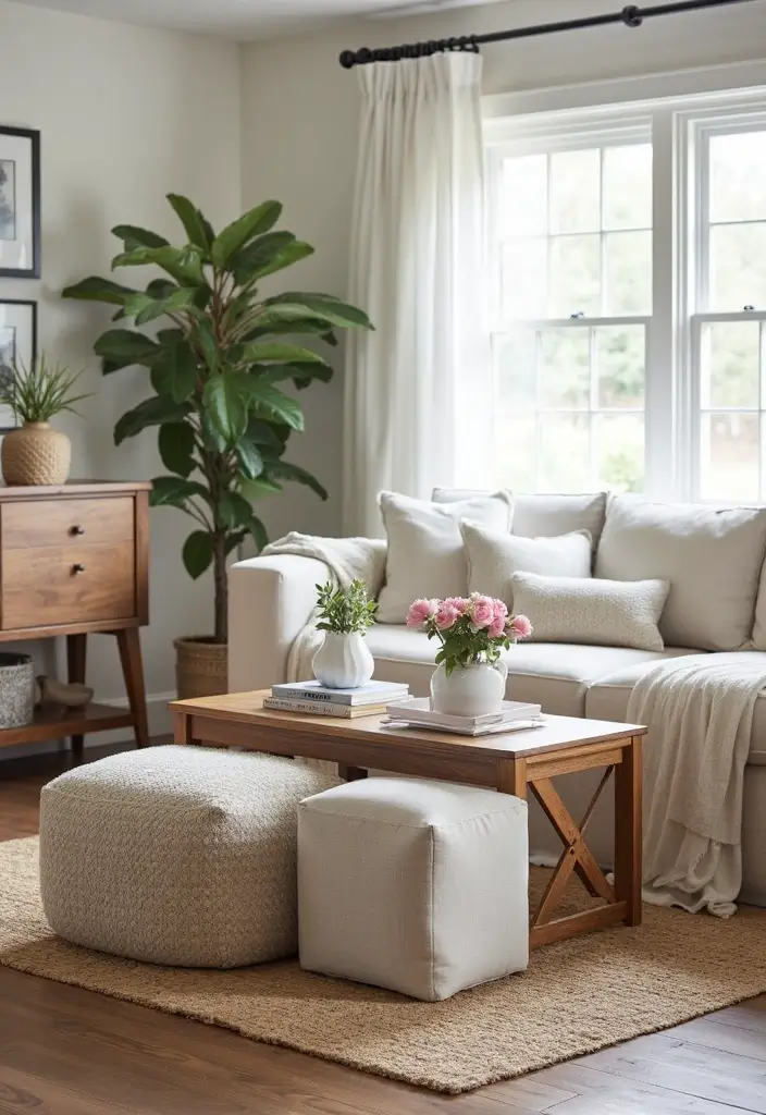 29 White Farmhouse Living Room Ideas That Feel Bright and Cozy - 9. Functional Furniture for Versatility