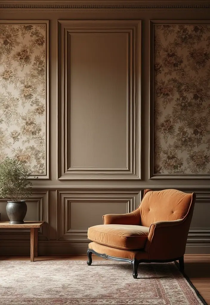 29 Wood Panel Accent Wall Living Room Ideas That Feel Rustic and Modern - 10. Wood Panels with Wallpaper