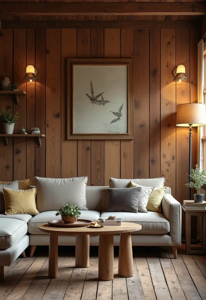 29 Wood Panel Accent Wall Living Room Ideas That Feel Rustic and Modern - 12. Vintage-Finished Wood Panels