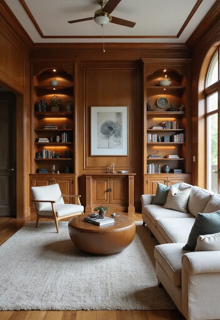 29 Wood Panel Accent Wall Living Room Ideas That Feel Rustic and Modern - 14. Wood Paneling with Built-In Shelving