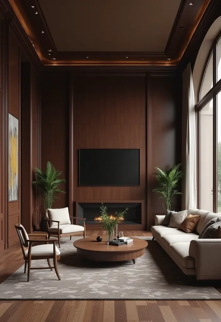 29 Wood Panel Accent Wall Living Room Ideas That Feel Rustic and Modern - 16. Dark Stained Wood Panels