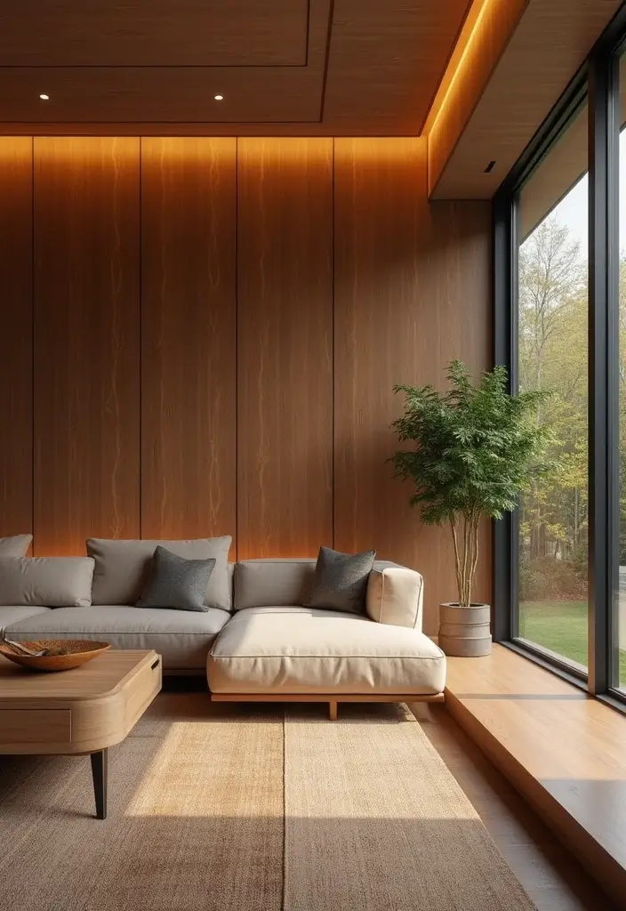 29 Wood Panel Accent Wall Living Room Ideas That Feel Rustic and Modern - 19. Wood Panels with Integrated Lighting