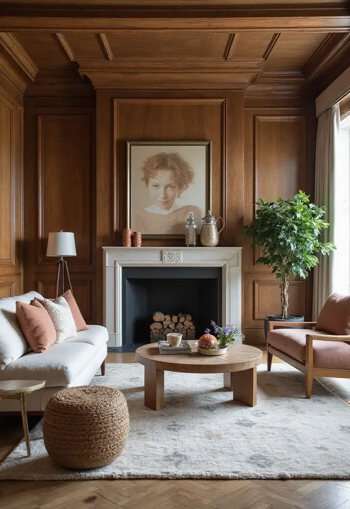 29 Wood Panel Accent Wall Living Room Ideas That Feel Rustic and Modern - 25. Layered Wood Paneling