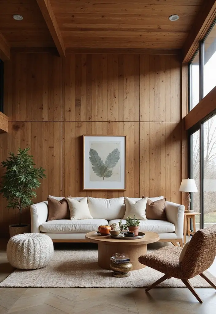 29 Wood Panel Accent Wall Living Room Ideas That Feel Rustic and Modern - 28. Seasonal Wood Panel Decor