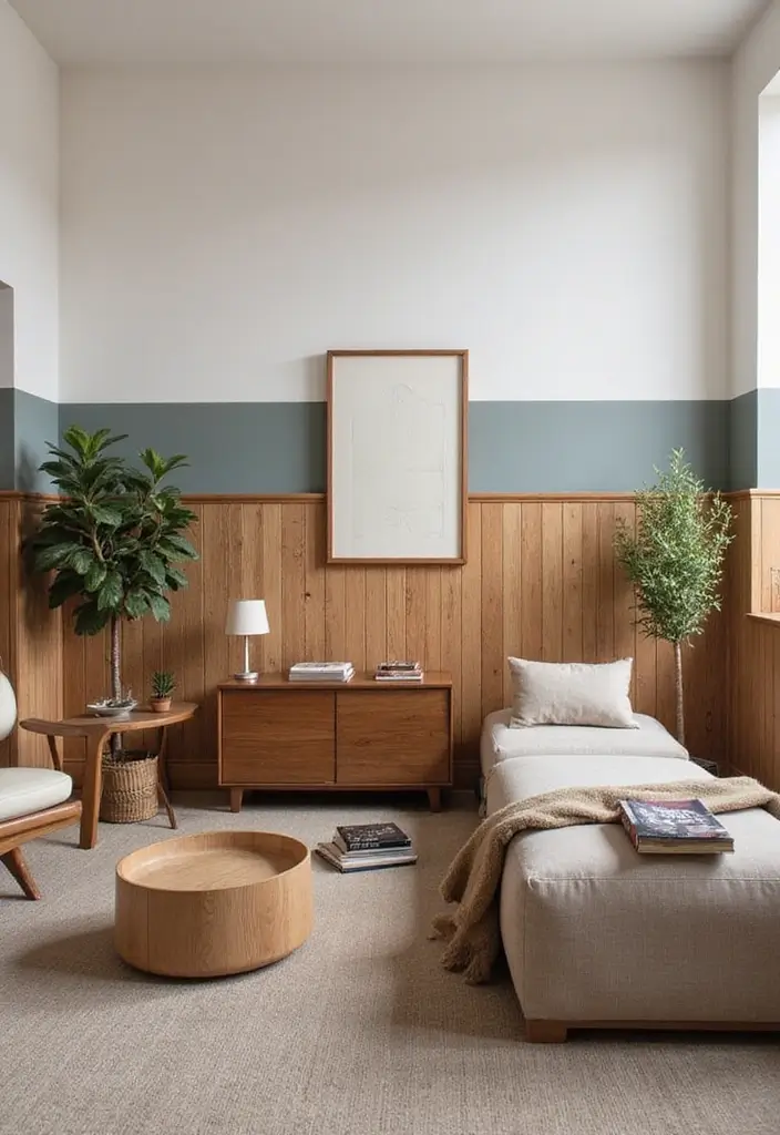 29 Wood Panel Accent Wall Living Room Ideas That Feel Rustic and Modern - 6. Half-Wall Wood Paneling