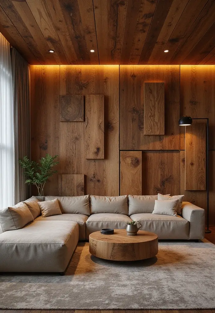 29 Wood Panel Accent Wall Living Room Ideas That Feel Rustic and Modern - 7. Multi-Dimensional Wood Panels