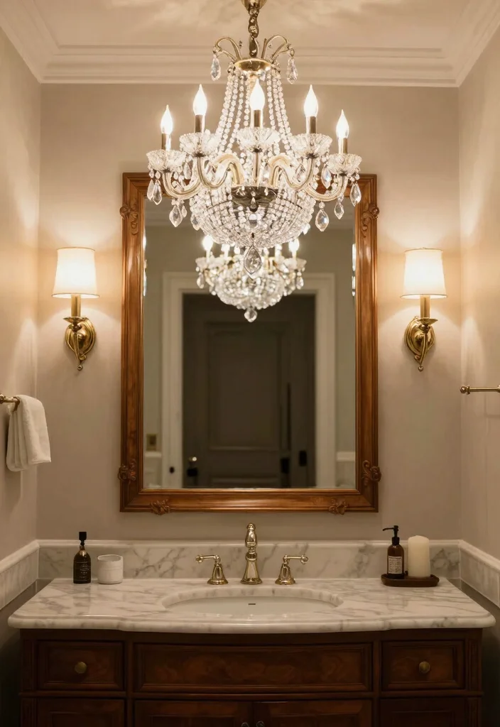 14 Art Deco Bathroom Vanity Ideas With Glam Style - 7. Statement Lighting 1