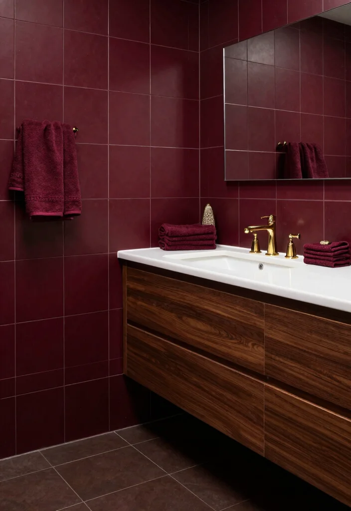 14 Brown Tile Bathroom Colour Palette Ideas - 13. Deep Burgundy and Brown Contrast 1