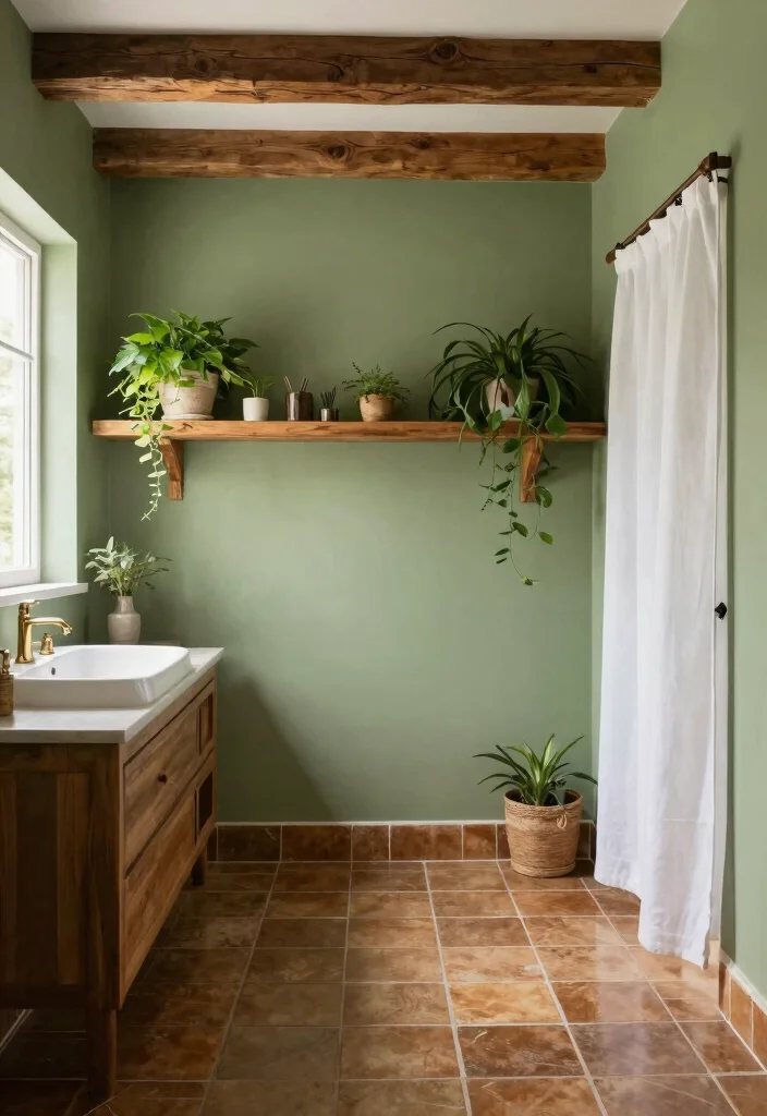 14 Brown Tile Bathroom Colour Palette Ideas - 3. Rustic Greens with Brown 1