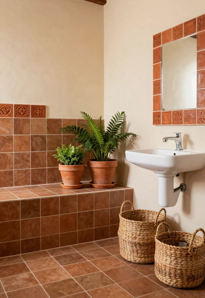 14 Brown Tile Bathroom Colour Palette Ideas - 5. Natural Terracotta Accents 1
