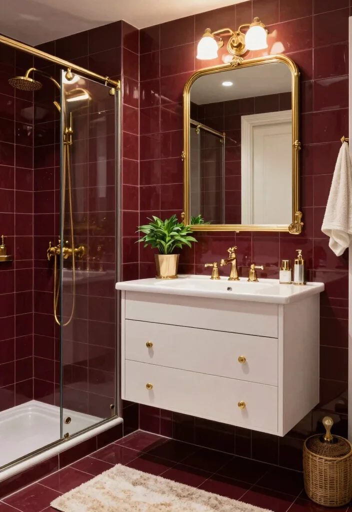14 Burgundy Tile Bathroom Ideas With Rich Colour - 4. Rich Burgundy and Gold Palette 1