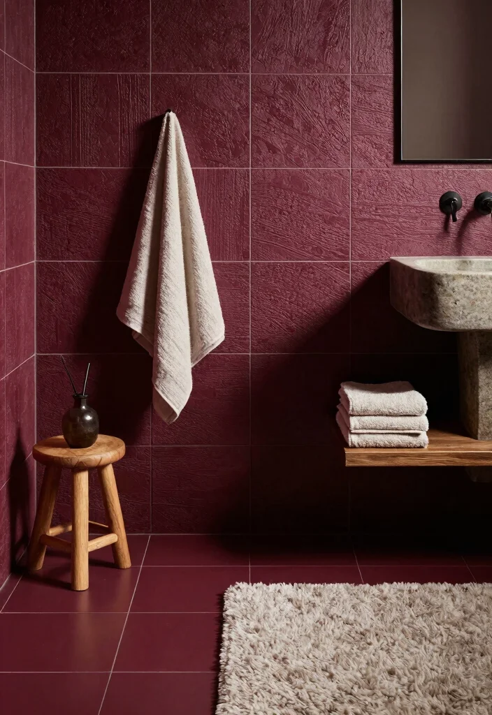 14 Burgundy Tile Bathroom Ideas With Rich Colour - 6. Layered Textures with Burgundy 1
