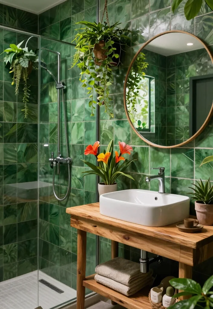 14 Green Bathroom Tile Ideas With Fresh Colour - 10. Jungle Vibes 1