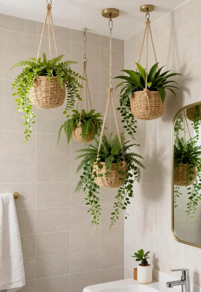 14 Guest Bathroom Wall Decor Ideas With Stylish Charm - 14. Hanging Planters 1