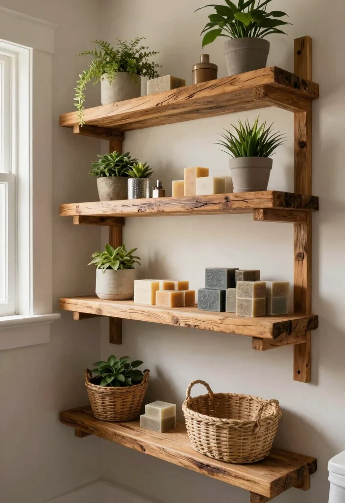 14 Wood Bathroom Ideas With Natural Texture - 1. Reclaimed Wood Shelves 1