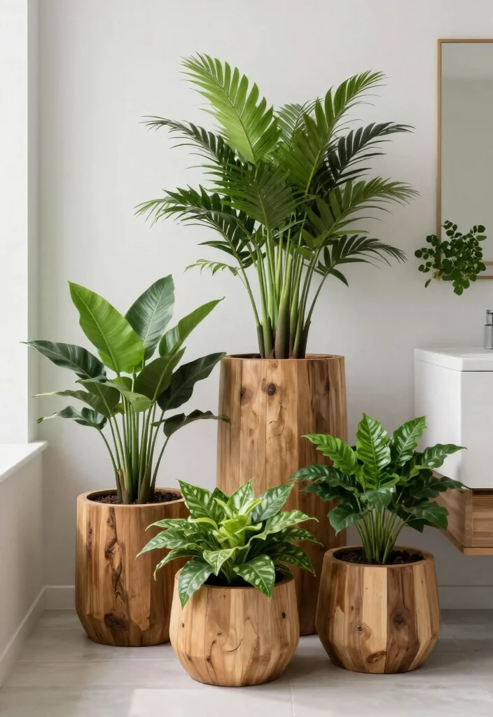 14 Wood Bathroom Ideas With Natural Texture - 13. Wooden Planters 1
