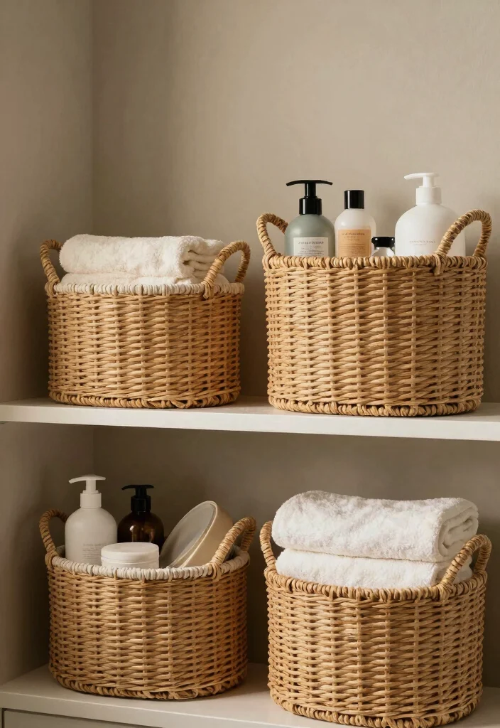 15 Bathroom Vanity Shelf Ideas For Smart Storage - 11. Stylish Baskets for Practical Elegance 1