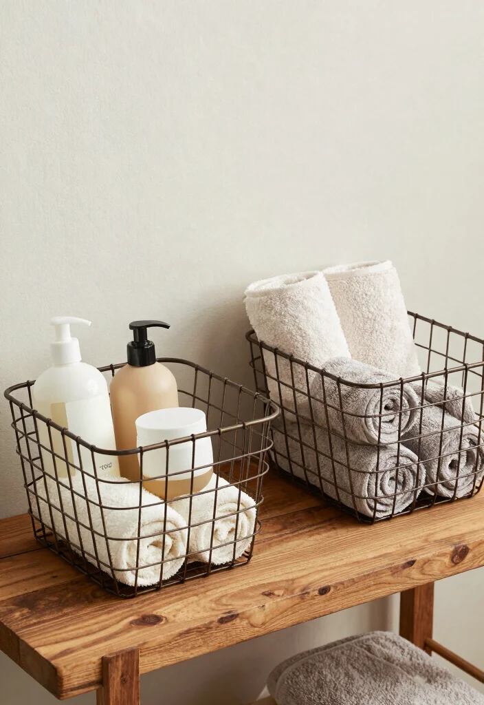 15 Bathroom Vanity Shelf Ideas For Smart Storage - 13. Wire Baskets for Industrial Chic 1