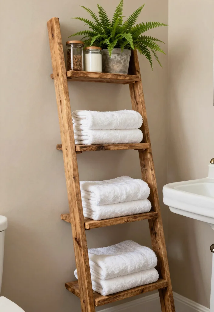 15 Bathroom Vanity Shelf Ideas For Smart Storage - 2. Ladder Shelf for Rustic Charm 1