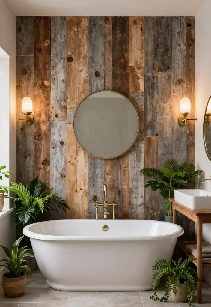 15 Bathroom Wood Wall Ideas With Cozy Warmth - 1. Reclaimed Wood Feature Wall 1