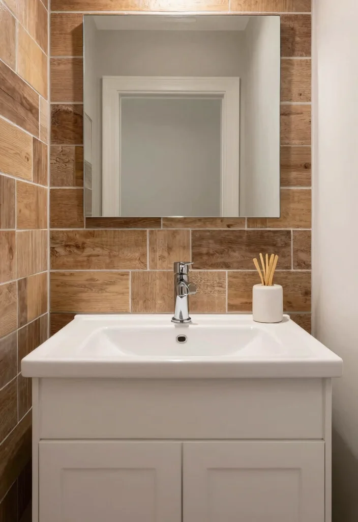 15 Bathroom Wood Wall Ideas With Cozy Warmth - 14. Barnwood Accent Tiles 1