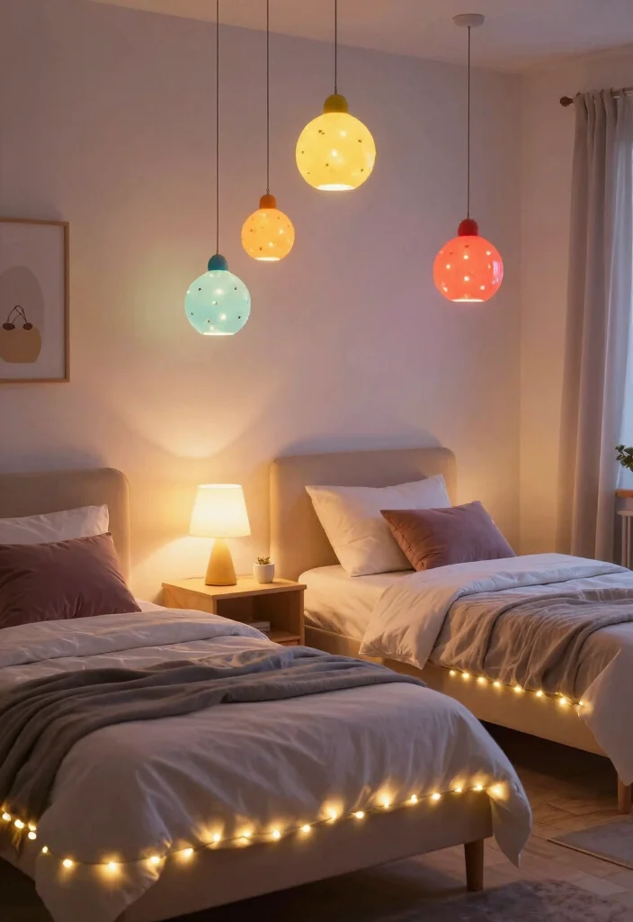 15 Bedroom With 2 Beds Ideas Shared and Stylish - 10. Playful Lighting Options 1
