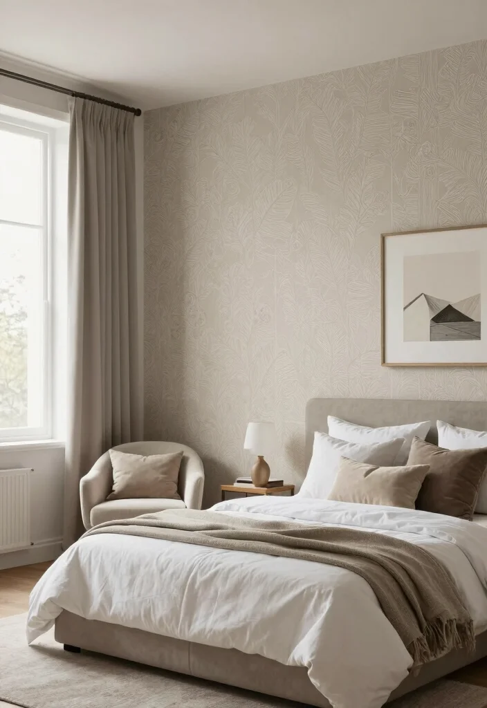 15 Bedroom With Wallpaper Accent Wall Ideas for Bold Visual Impact - 15. Sophisticated Neutrals 1