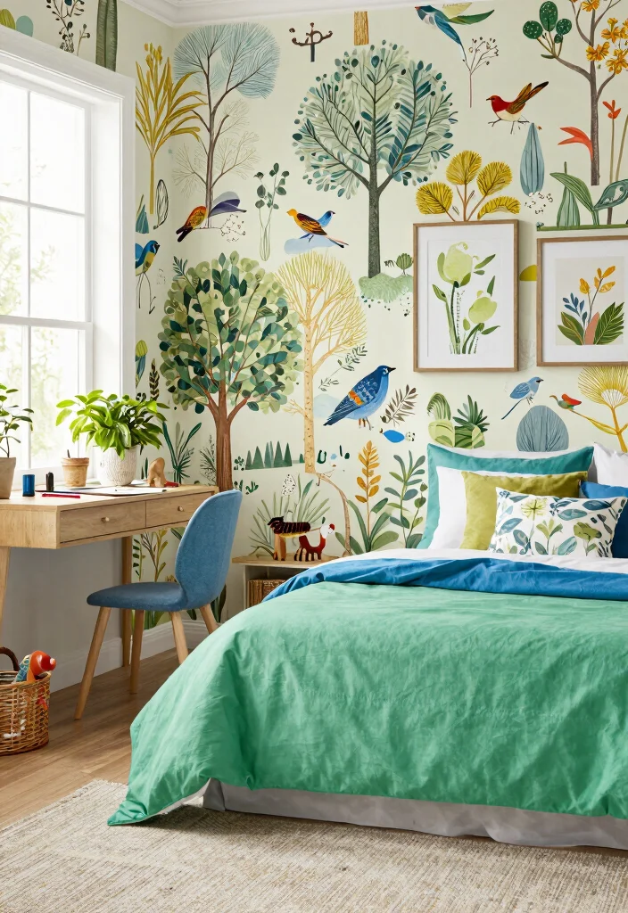 15 Bedroom With Wallpaper Accent Wall Ideas for Bold Visual Impact - 4. Whimsical Nature Scenes 1
