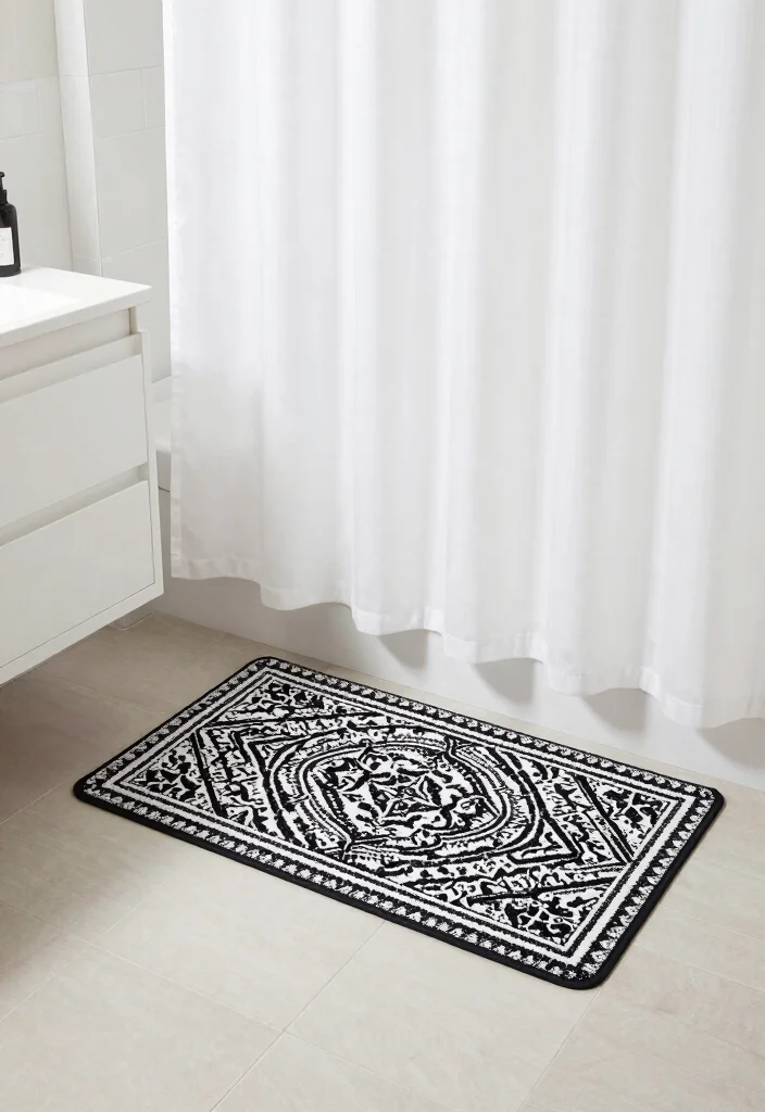 15 Dorm Bathroom Ideas With Cute Bath Mats And Rugs - 6. Monochrome Minimalism 1