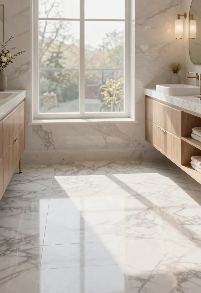 15 Marble Tile Bathroom Floor Ideas For Luxury Style - 10. Marble and Natural Light 1