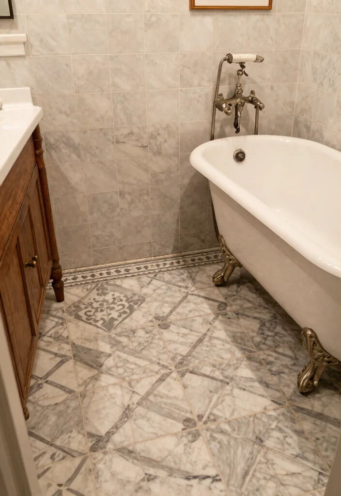 15 Marble Tile Bathroom Floor Ideas For Luxury Style - 11. Vintage Marble Styles 1