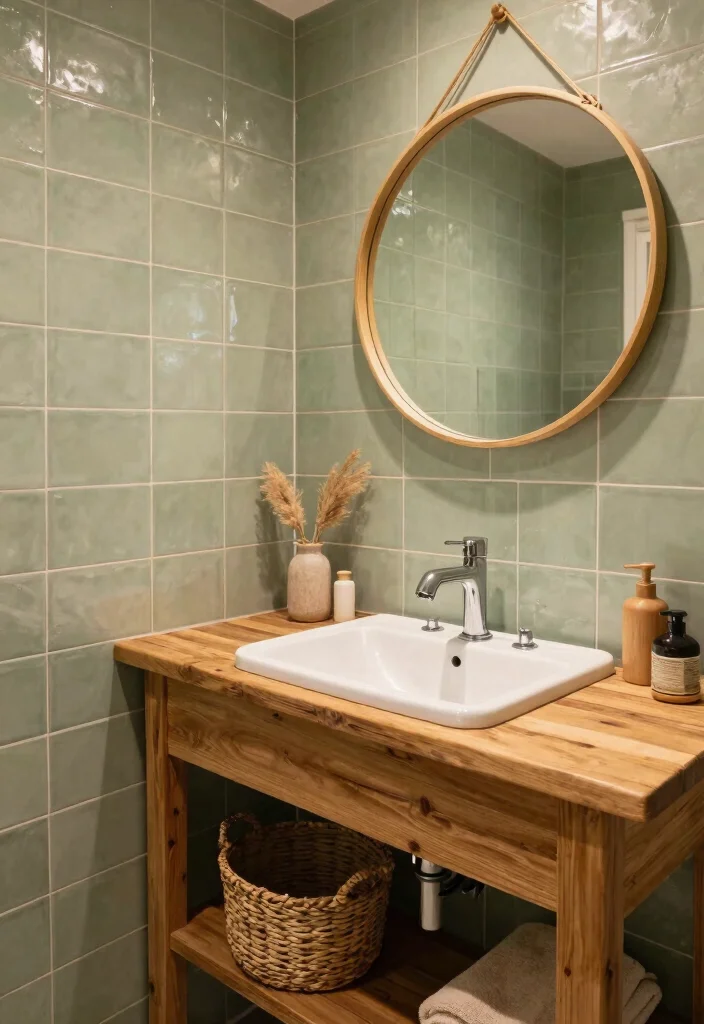 15 Sage Green Bathroom Tile Ideas For Calm Interiors - 12. Sage Green Tiles with Wood Accents 1