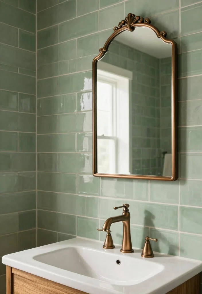15 Sage Green Bathroom Tile Ideas For Calm Interiors - 13. Sage Green Tiles with Bronze Accents 1