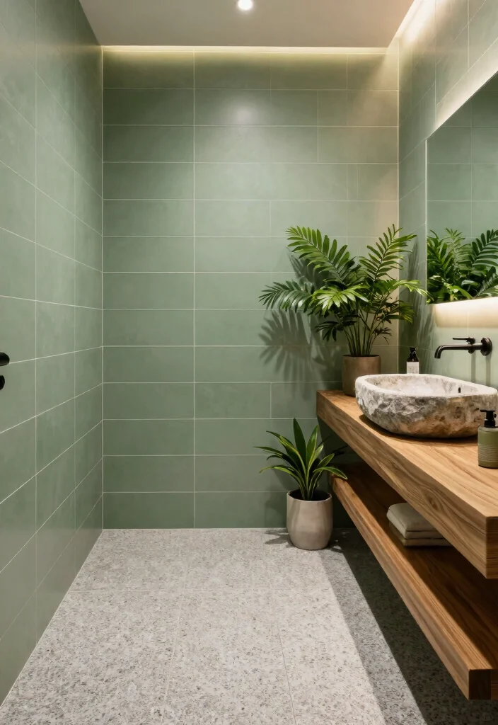 15 Sage Green Bathroom Tile Ideas For Calm Interiors - 9. Sage Green and Natural Stone 1