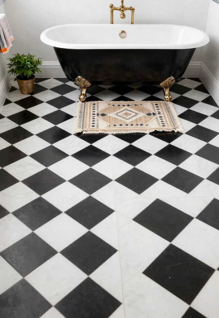 15 Stunning Black And White Vintage Tile Bathroom Ideas - 1. Monochrome Checkerboard Floor 1