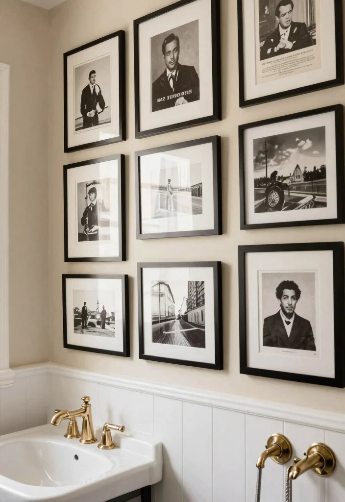 15 Stunning Black And White Vintage Tile Bathroom Ideas - 10. Customized Artwork Displays 1