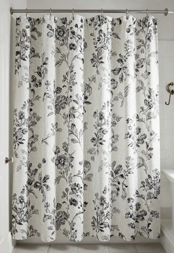 15 Stunning Black And White Vintage Tile Bathroom Ideas - 11. Vintage-Inspired Shower Curtains 1