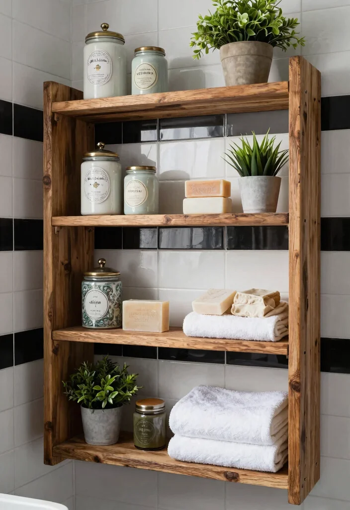 15 Stunning Black And White Vintage Tile Bathroom Ideas - 12. Open Shelving with Vintage Finds 1