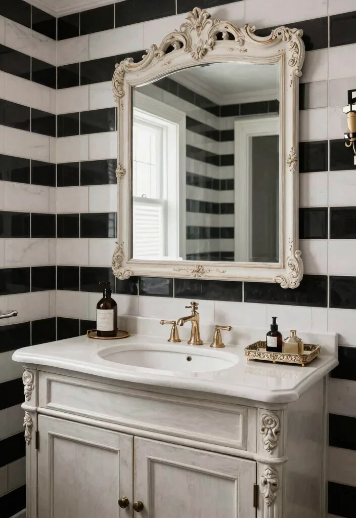 15 Stunning Black And White Vintage Tile Bathroom Ideas - 13. Stylish Vanity Designs 1