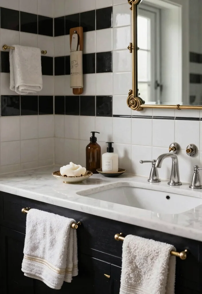 15 Stunning Black And White Vintage Tile Bathroom Ideas - 15. Timeless Accessories and Finishing Touches 1